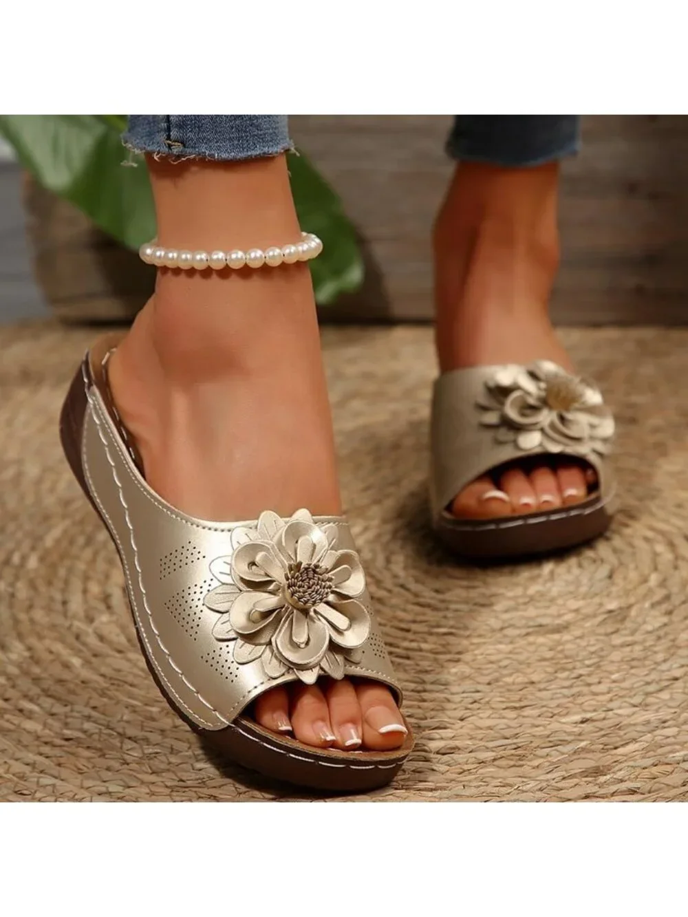 Women's Gold Faux Leather Summer Wedge Low Open Toe Slide Dressy Flower Sandal